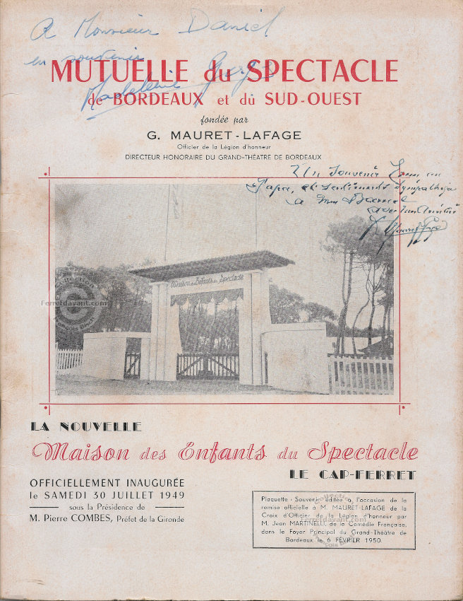Plaquette de l'inauguration de la Maison du spectacle a la pointe du Cap Ferret