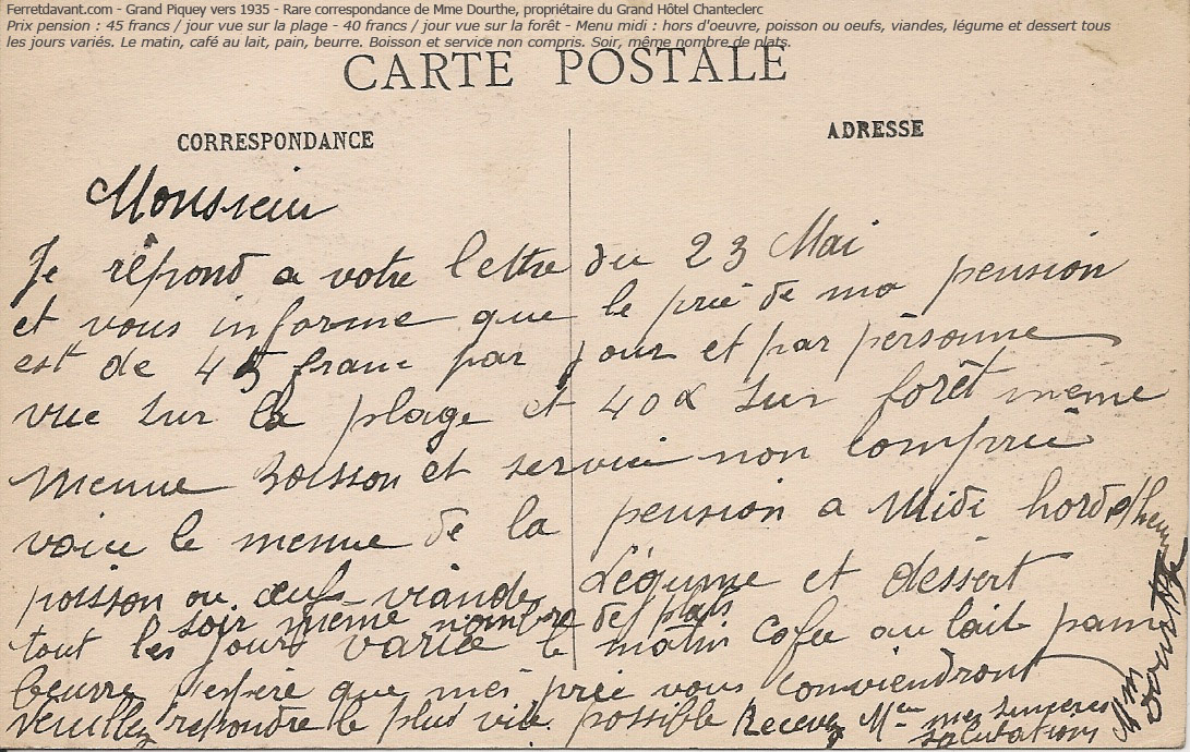 Correspondance Mme Dourthe - Hôtel Chantecler - Grand Piquey